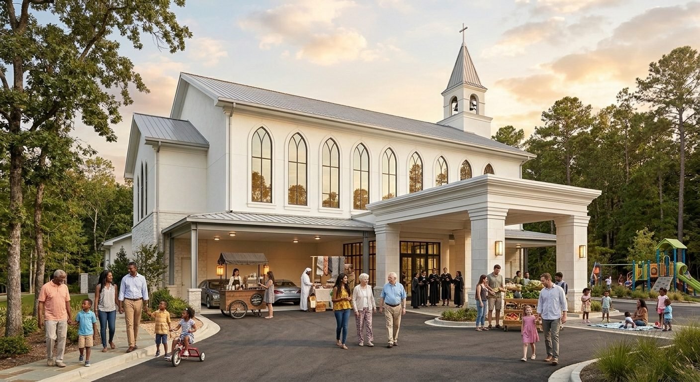 Families, neighbors, and a community market gathered outside The River of God