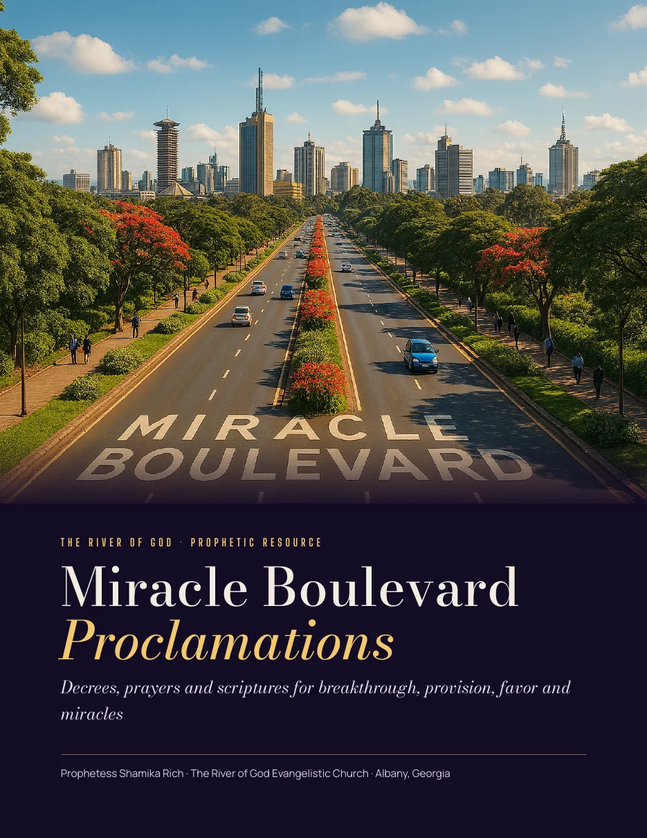 Cover of Miracle Boulevard Proclamations: a tree-lined boulevard with MIRACLE BOULEVARD painted on the road